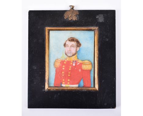 Portrait Miniature of a British Officer Wearing Waterloo Medal, painted on ivory, contained in a period glazed rectangular fr