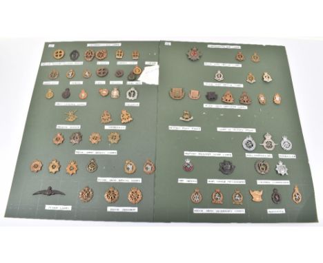 2x Display Boards of Cap Badges of Various Corps, including badges of the Royal Army Medical Corps, Army and Royal Army Ordna