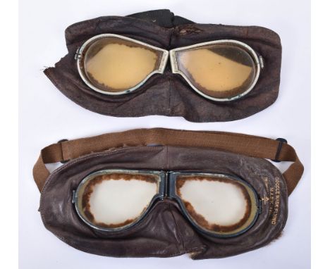 WW1 Royal Flying Corps Aviators Goggles, fine pair of fur lined leather framed goggles. Leather work with gilt tooled “GOGGLE