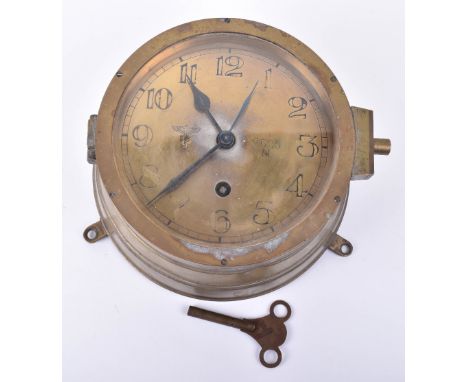 WW2 German Naval Ships Bulkhead Clock, good example of the brass cased bulkhead pattern clock with brass face, blackened roma