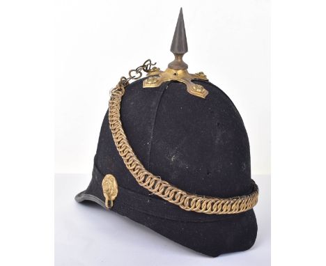 British Infantry Officers Home Service Helmet, blue cloth covered cork helmet with velvet backed chin scales, rosette side bo