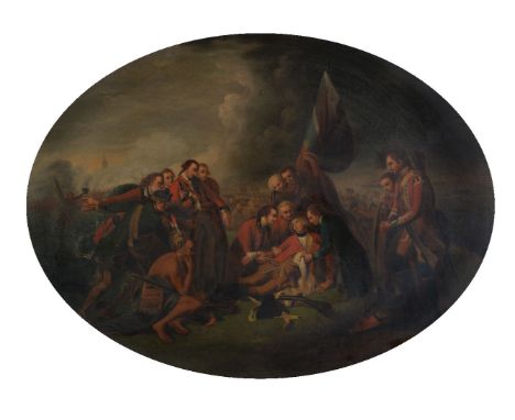 After Benjamin West (American 1738-1820) The Death of General Wolfe Oil on tin Oval 59.5 x 74.5cm (23¼ x 29¼ in.) Provenance: