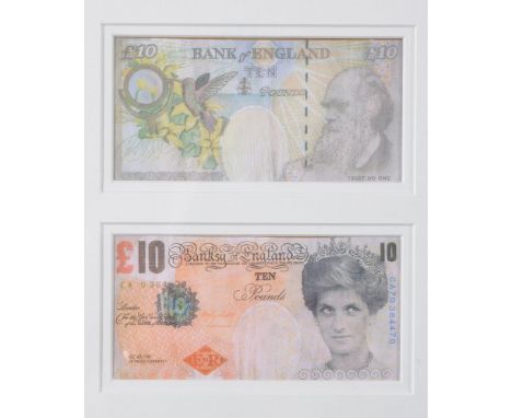 λBanksy (b.1974) Two Di-faced Tenners Offset lithograph in colours, 2004 Each 6.7 x 13.5cm (2½ x 5¼ in.) Framed as one λ Indi