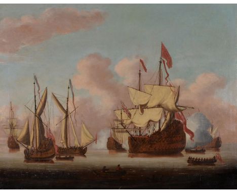 Circle of Peter Monamy (British 1689-1749)   British men o' war firing a salute   Oil on canvas 102 x 126cm (40 x 49½ in.)