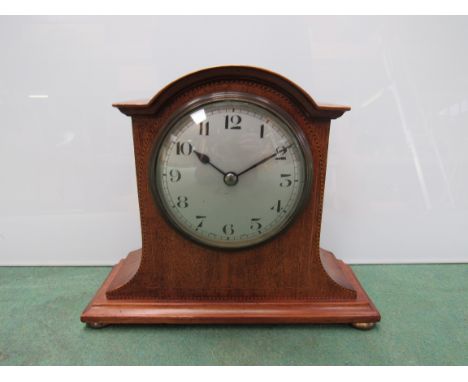 An Edwardian mahogany and inlaid mantel clock with Arabic silvered dial, 20cm high