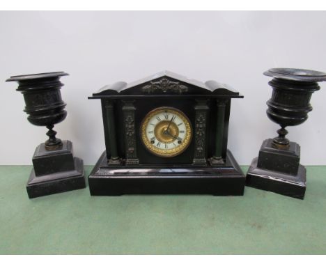 A Victorian cast iron and marble mantel clock and garniture of architectural form,  Ansonia Clock Co, USA, clock 31m high 