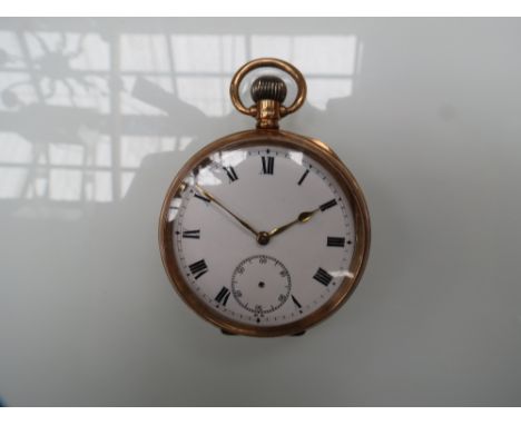 A 9ct Gold open faced pocket watch, Roman white enamel dial with subsidiary seconds dial (seconds hand missing)  