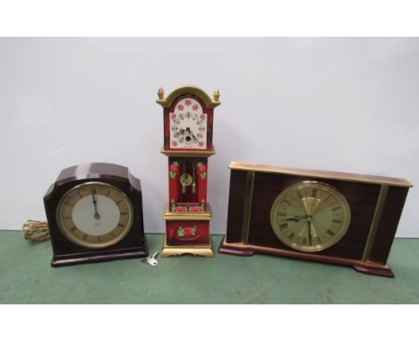 A Bakelite electric mantel clock, another clock and a miniature painted long case clock  (3)