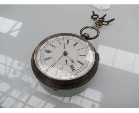 A 19th Century silver open faced chronograph pocket watch, Roman white enamel dial with outer minute tracks, with keys 