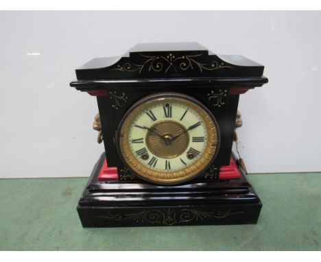 A Victorian slate mantel clock with Roman enamelled chapter ring and ormolu lion mask handles, 8 day movement, 27.5cm high