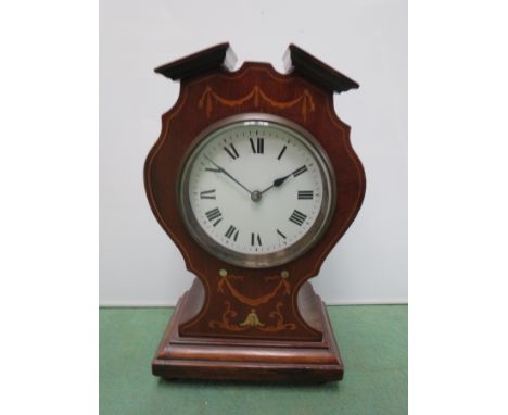 An Edwardian mahogany and inlaid balloon form mantel clock with enamel Roman dial, 22.5cm high