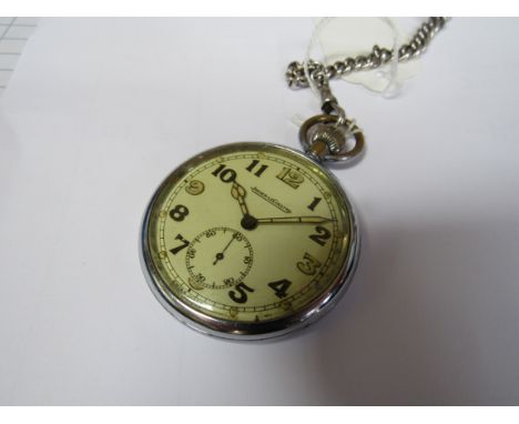 A 1940's Jaeger-LeCoultre military open faced pocket watch no. GSTP F010664, with silver chain