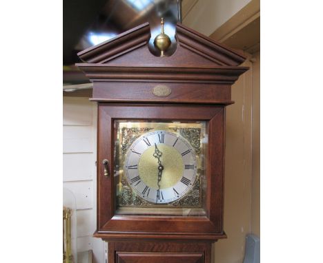 A 20th Century Tempus Fugit oak longcase clock, Roman silvered dial, weights and pendulum, 190cm high