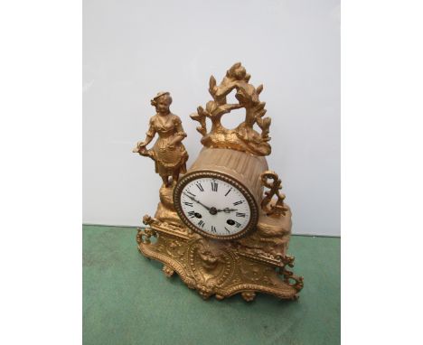 A French gilt figural mantel clock, Roman enamel dial a/f, 28.5cm high