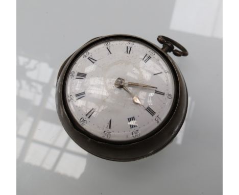 A Georgian silver pair cased pocket watch with Roman enamel convex dial, verge and fusee movement, with key