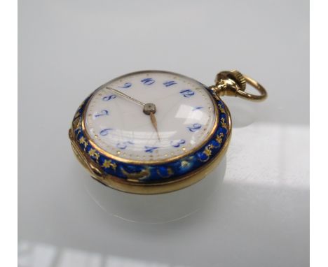 An early 20th Century 18K fob watch with enamel decoration to back and bezel, Arabic dial, Swiss movement 