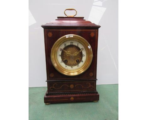 A 19th Century and brass inlaid mantel clock with brass carry handle, side frets and bun feet, Arabic enamelled chapter ring 