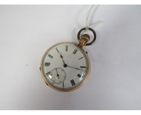 A gold plated open faced pocket watch Roman enamel dial with subsidiary seconds 