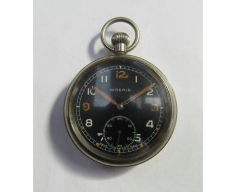 A Moeris open faced military pocket watch, black Arabic dial with subsidiary seconds, back marked with broad arrow, no. M2744