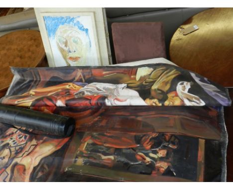 A large selection of oil paintings, drawings, etc. together with a print carrying tube. 