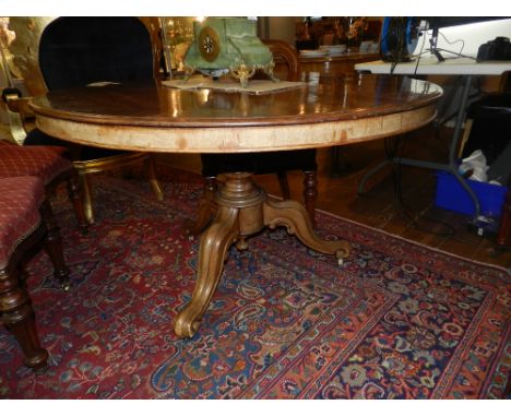 A Victorian walnut circular breakfast table, having a thumbnail moulded top, raised on a turned column support, tripod base, 