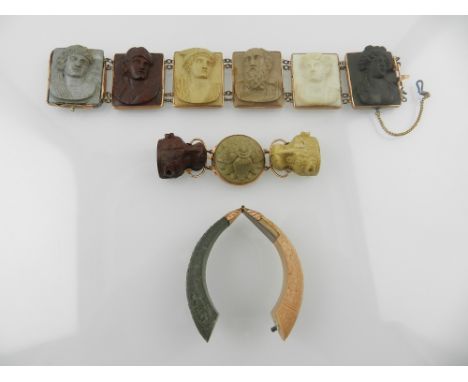 A Victorian carved lava cameo segmented bracelet, set six portrait bust segments of different colours, together with a hinged