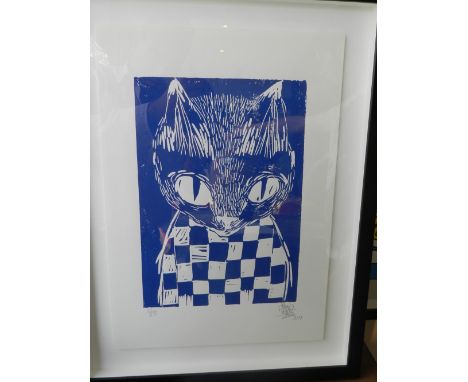 Thiago Goms (Contemporary Brazilian), 'Cat', linoleum print on paper, signed in pencil lower right, limited edition 9/30. H.4