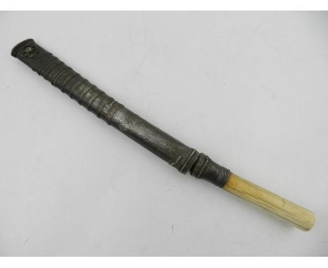 An unusual East Asian knife, within a white metal scabbard, having ivory handle.