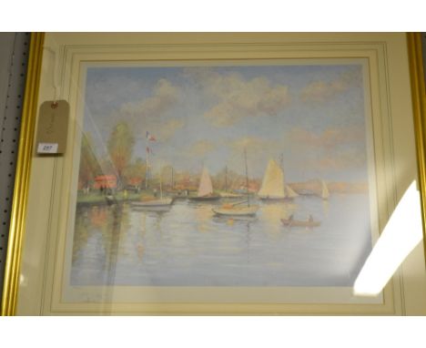 Marcel Dyf, 20th century polychromatic print, study of sailing boats at sea, signed lower right, 422/500. H.49cm W.59cm