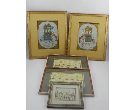 Three late 19th / early 20th century Persian school studies of hunting scenes etc. together with two 19th century Indian scho