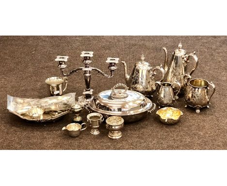 Box of Victorian and later silver plated ware includes 4 piece tea service entree dis etc 