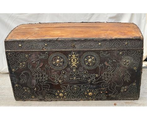 Rare 17th century leather bound dome topped travelling trunk with royal cipher studded front carry handles to the sides the c