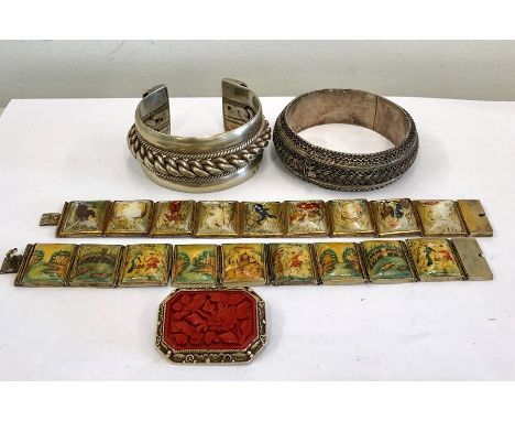Collection of vintage Persian silver and white metal jewellery includes Chinese silver brooch 2 silver bangles and 2 bracelet