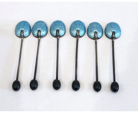 Set of 6 silver and enamel coffee bean spoons in good condition Birmingham silver hallmarks