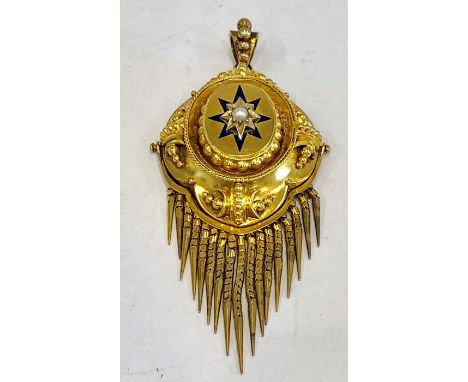 Fine Victorian Enamel seed-pearl pendant set in yellow metal measures approx 8cm drop by 3.3cm wide at widest points  weight 