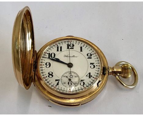 Antique full hunter 14ct gold Hamilton centre second minute repeater Chronometer pocket watch. Watch in good condition hallma