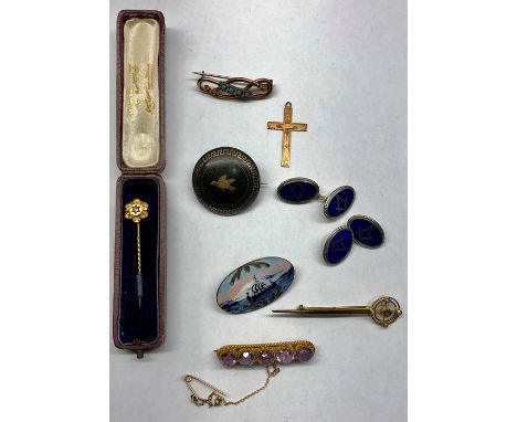 Selection of antique and vintage gold and silver  jewellery includes gold brooches, boxed diamond stick pin silver enamel mas