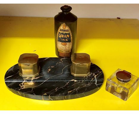 Collection of vintage writing items includes silver top inkwell marble base ink stand and a old stone swan ink bottle 