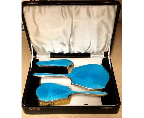 Boxed silver and enamel brush set Birmingham silver hallmarks