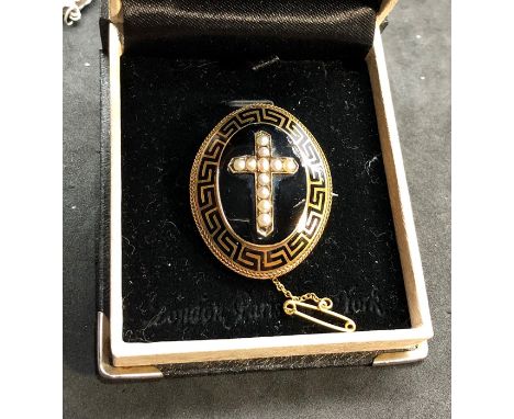 Fine large victorian gold enamel and pearl mourning brooch high carat gold not hallmarked but test as 15ct measures approx 42