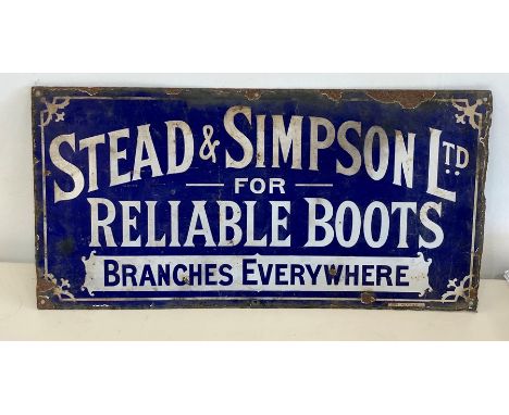 Early enamel shop sign Stead &amp; Simpson Ltd for reliable boots branches every where measures approx 24ins by 12ins 