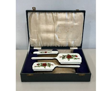 Antique boxed silver and enamel brush set Birmingham silver hallmarks 