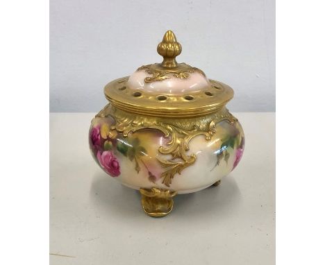 Royal Worcester rose pattern pot pourri vase measures approx 11cm dia in good condition 