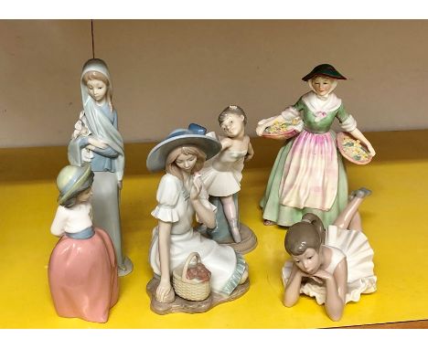 Collection of china figures includes Royal Doulton figure Daffy Down Dilly , 1 Lladro figure and 4 Nao figures