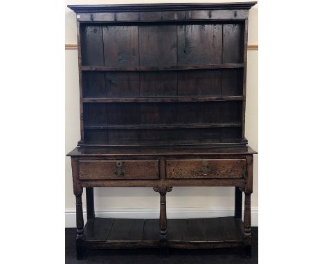 Period oak dresser with pot board base, 2 drawer 3 shelf back with forged hooks measures approx height 190cm width 136cm dept