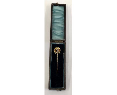 Antique boxed ruby and seed-pearl stick pin not hallmarked but head tested as high carat gold pin 9ct gold set with Rubies an