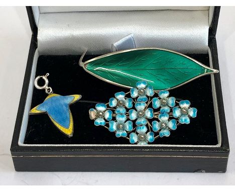 3 silver and enamel brooches leaf brooch signed D-A Norway sterling flower brooch hallmarked 935s 1 petalhas enamel chip ,ena