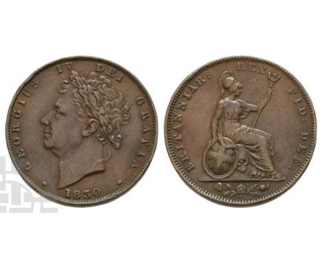 Dated 1830.. GEORGIUS IV DEI GRATIA, laureate head of King George IV to left / BRITANNIAR: REX FID: DEF:, seated figure of Br