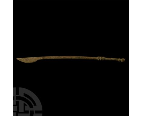 1st-3rd century A.D.. Round-section handle with bulb finial and ribbed baluster, narrow swept blade. Cf. similar in the Metro