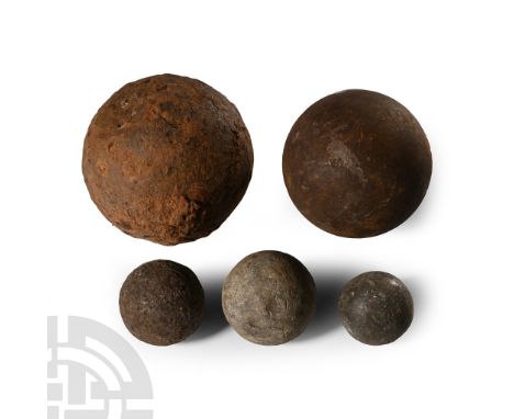 17th-19th century A.D.. Mixed group of iron and other musket and cannon balls.  3.8 kg total, 32-78 mm (1 1/4 - 3 in.). From 